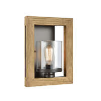 METI: Warm Chestnut Wood Frame Clear Glass Shade Interior Wall Light