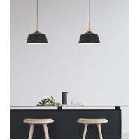 NORDIC: Modern Scandinavian Dome Steel & Wood Pendant Lights Black 400mm