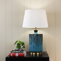 AZURE Ancient Ceramic Jar Table Lamp w White-Linen Shade