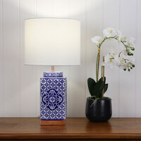 XIAN Large Blue Patterned Ceramic Table Lamp w White Shade