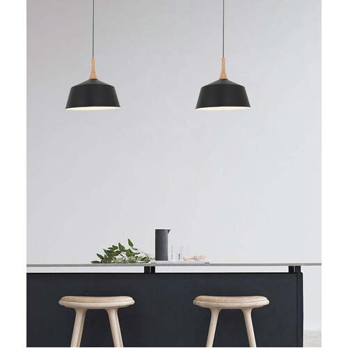 NORDIC: Modern Scandinavian Dome Steel & Wood Pendant Lights Black 270mm
