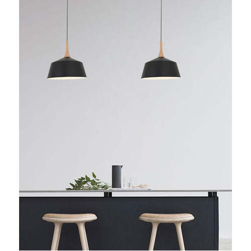 NORDIC: Modern Scandinavian Dome Steel & Wood Pendant Lights Black 560mm