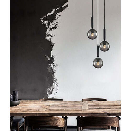 TRATTINO: Smokey Black Spherical Glass Multiple Round Base Pendant Light