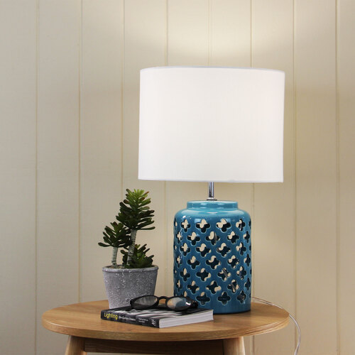 CASBAH Moorish Cut Ceramic Table Lamp in Teal Blue