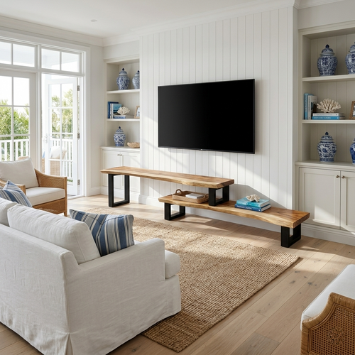 3.2m "Bungalow" Adjustable Length TV Entertainment Unit Solid Raintree Wood [1.9m to 3.2m]
