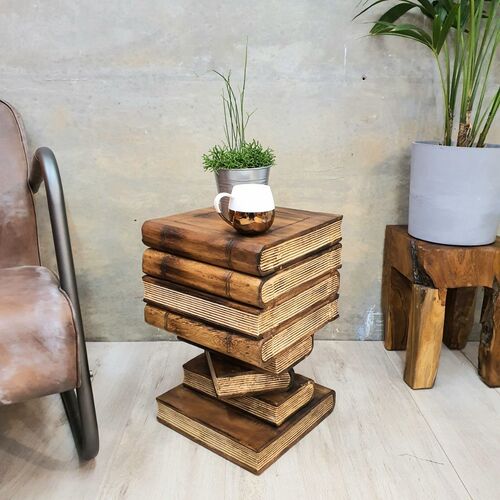 Side Table Book Stack Design w Storage Compartment Natural Burned