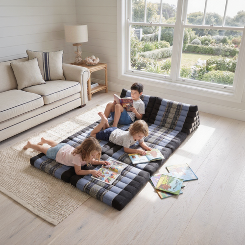 XL Thai Triangle Pillow Daybed THREE FOLDS Blue Elephant