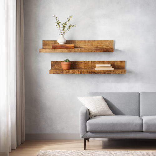 Set of 2 Mango Wood Wall Shelves