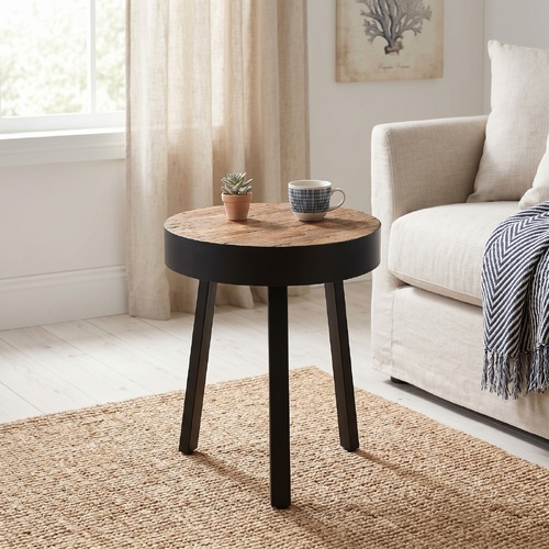 "Allandale" Teak Wood Side/End Table with Round Top and Metal Legs
