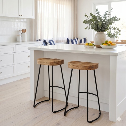 2x "Hermes" Bar Stools Ergonomic Design Carved Mango Wood Seating