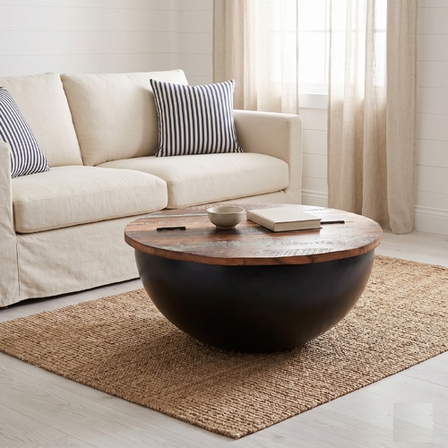 "Canyon" Coffee Table Solid Reclaimed Wood Black Bowl Shape