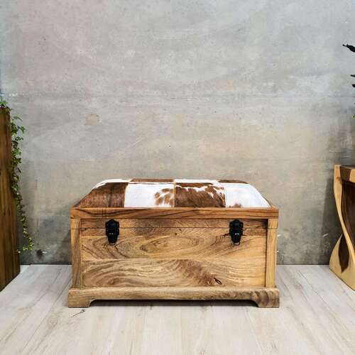 "Courtney" Bed End Storage Ottoman Genuine Leather and Solid Mango Wood