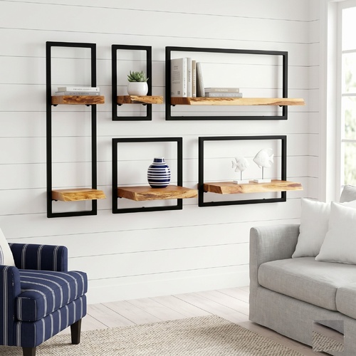 "Colosseum" Wall Shelf Set 5 Pieces Solid Acacia Wood and Steel