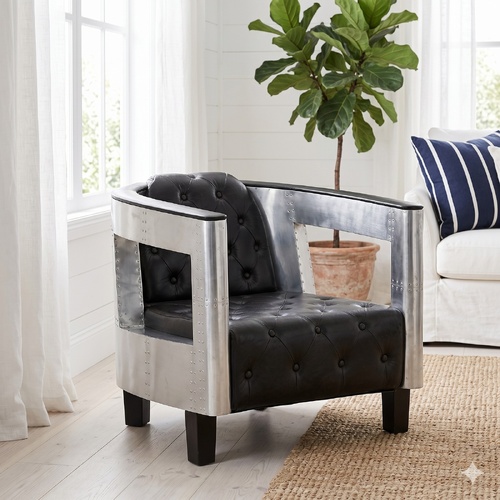 "Reiby" Aviator Armchair Black Real Leather