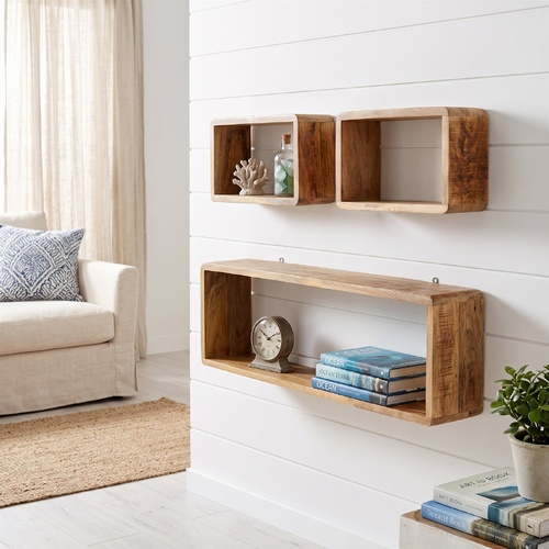 "Bambara" 3 Piece Wall Cube Shelf Set Soild Mango Wood