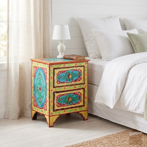 "Huon" Hand Painted Bedside Cabinet 40x30x50 cm Solid Mango Wood