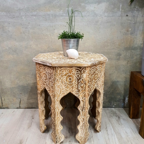 "Taj Hilda" Hand Carved Side Table/Planet Stand Solid Mango Wood