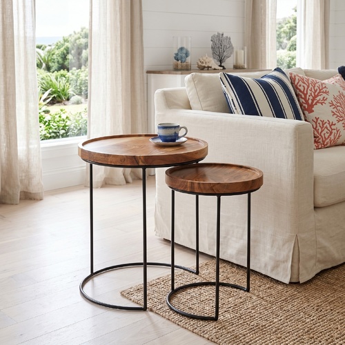 "Katrina" 2 Piece Coffee Table Set Solid Acacia Wood and Steel