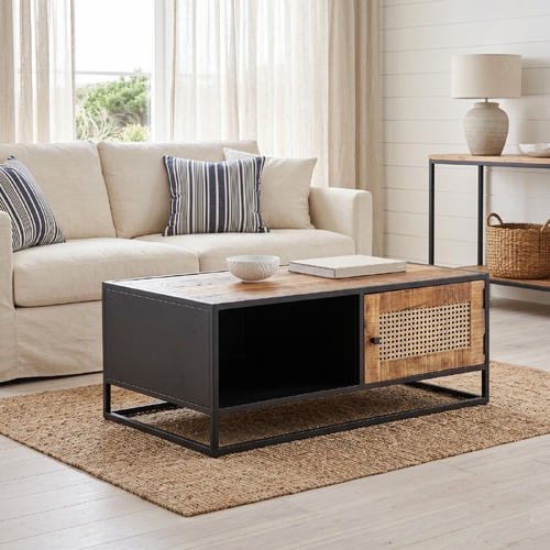 "Kentwell" Coffee Table 90x50x35 cm Rough Mango Wood and Natural Cane