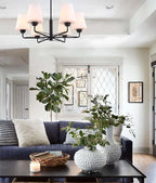ABBEY: Interior Traditional 6 Lamps Opal Glass Pendant Lights Matte Black