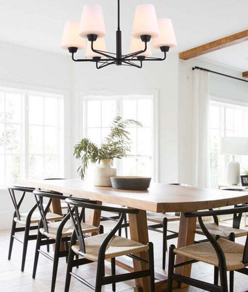 ABBEY: Interior Traditional 6 Lamps Opal Glass Pendant Lights Matte Black
