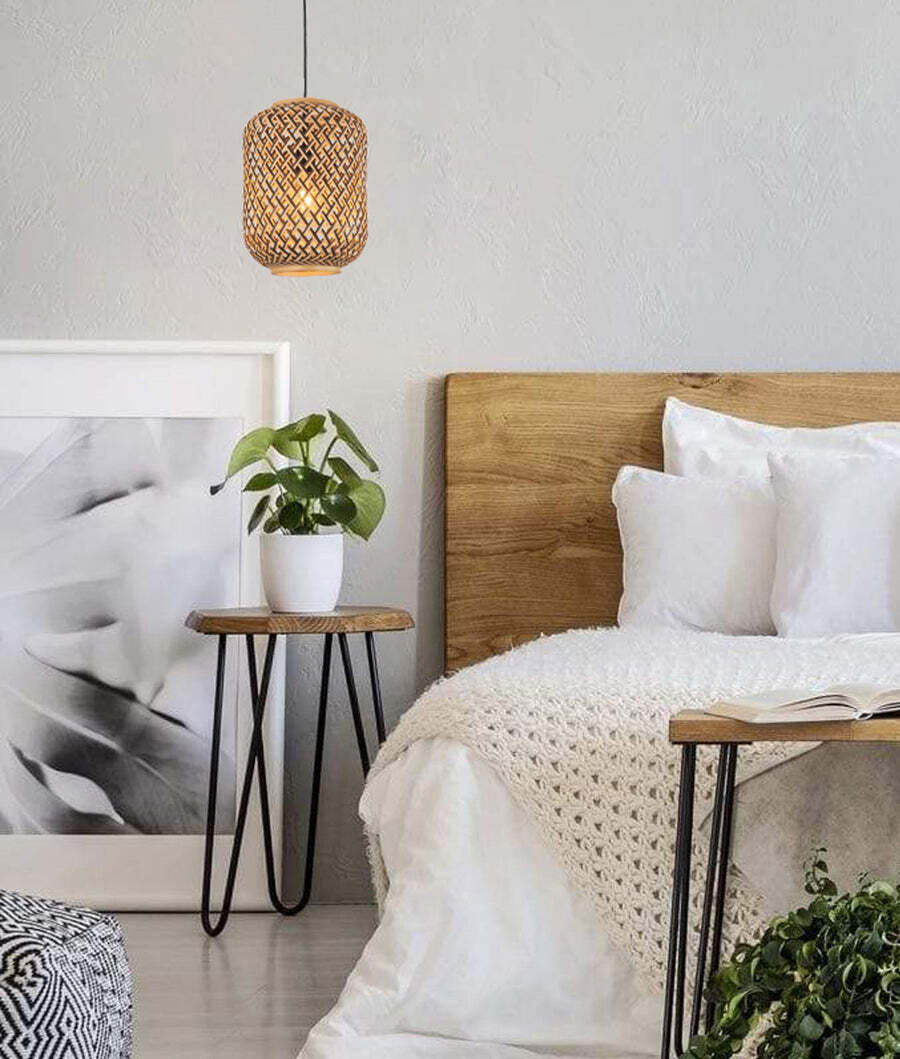 CESTA: Bohemian Interior Cylinder Brown/Natural Bamboo Cage Pendant Light