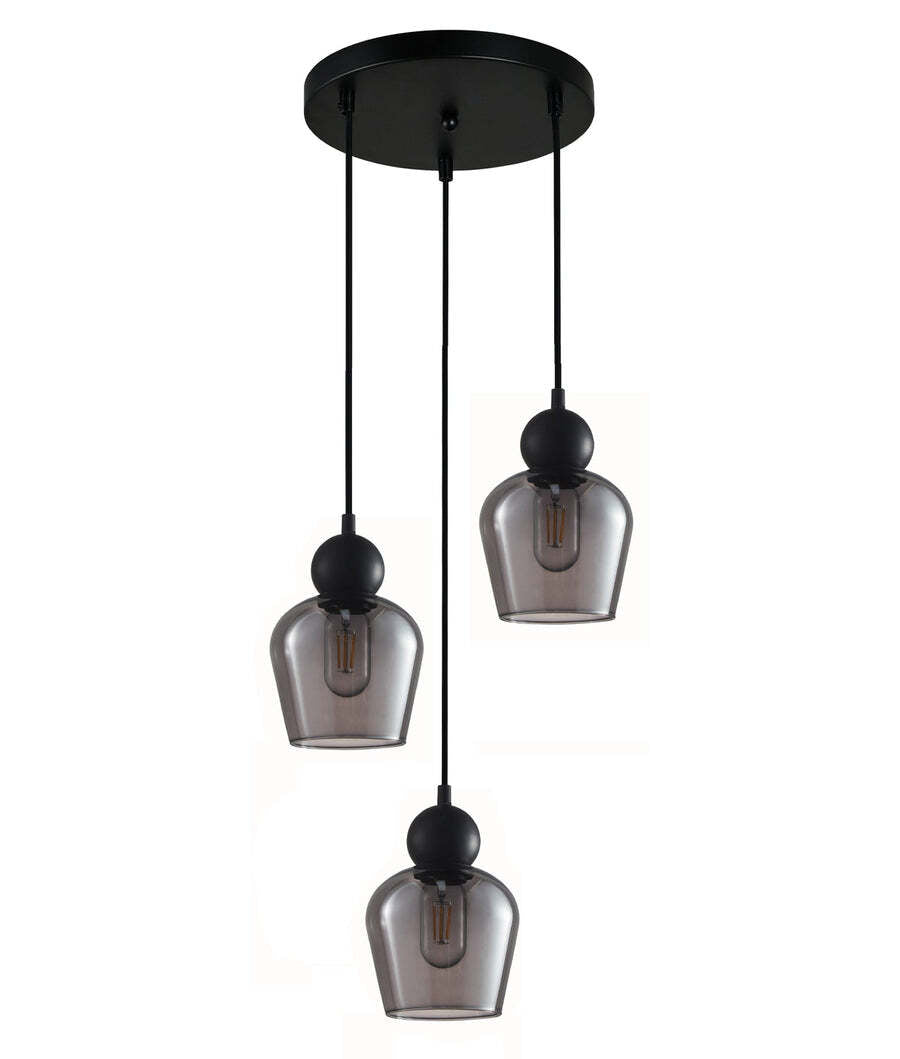 CHAMPAN: Smokey Black Glass Ellipse Multiple Round Base Pendant Lights