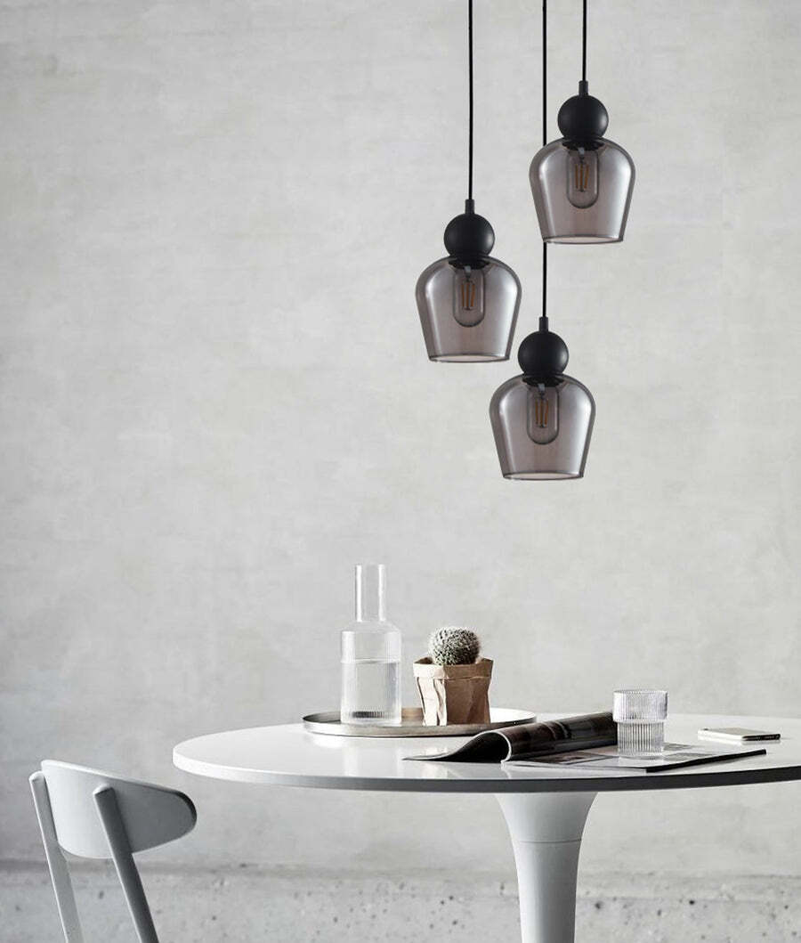 CHAMPAN: Smokey Black Glass Ellipse Multiple Round Base Pendant Lights