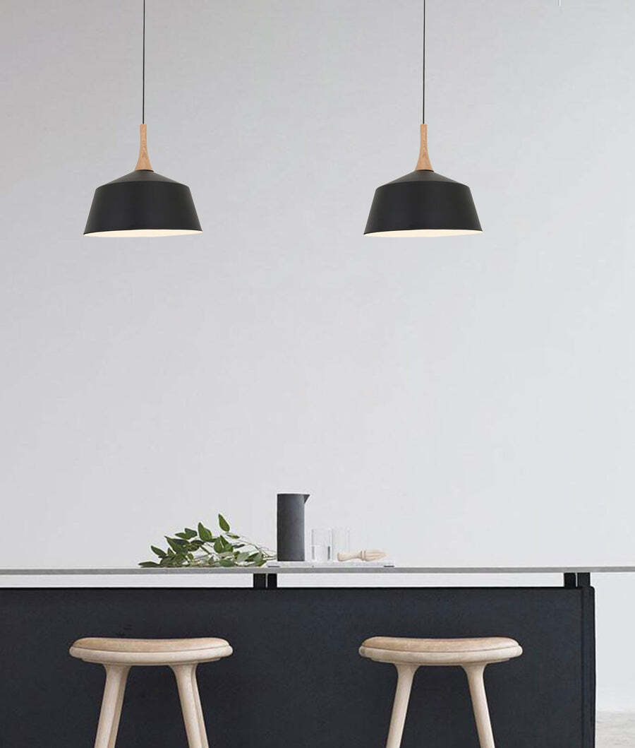 NORDIC: Modern Scandinavian Dome Steel & Wood Pendant Lights Black 270mm