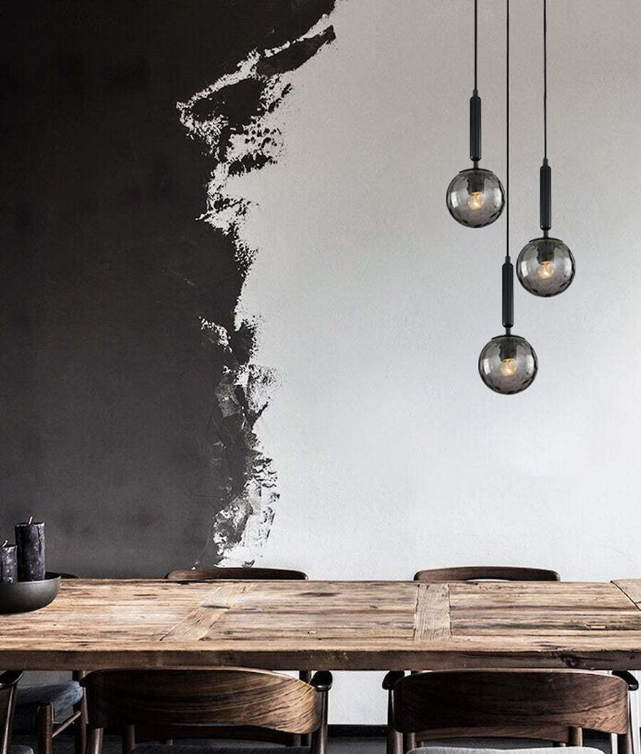 TRATTINO: Smokey Black Spherical Glass Multiple Round Base Pendant Light