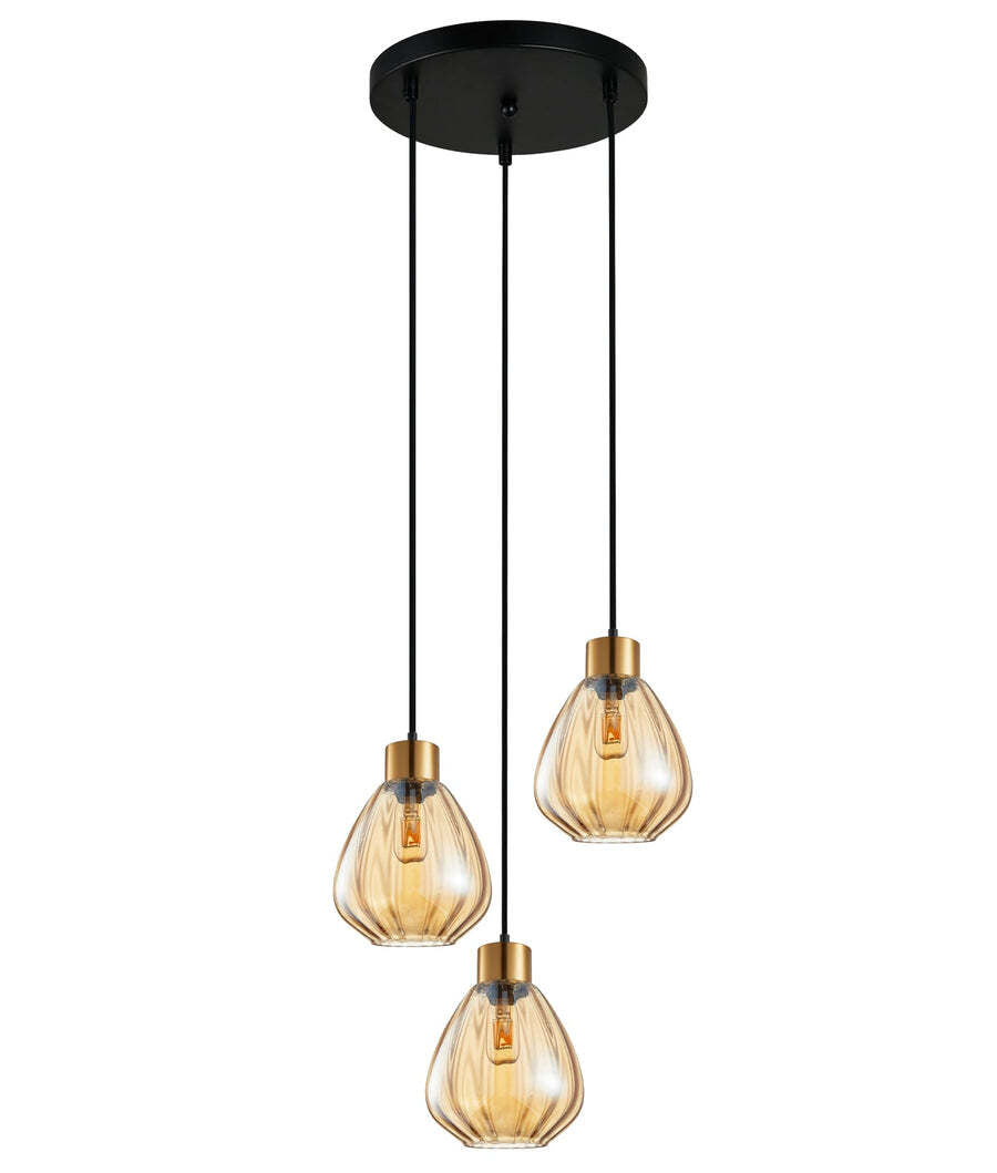 TULIP: Bronze Amber Wine Glass Ribbed Multiple Round Base Pendant Lights
