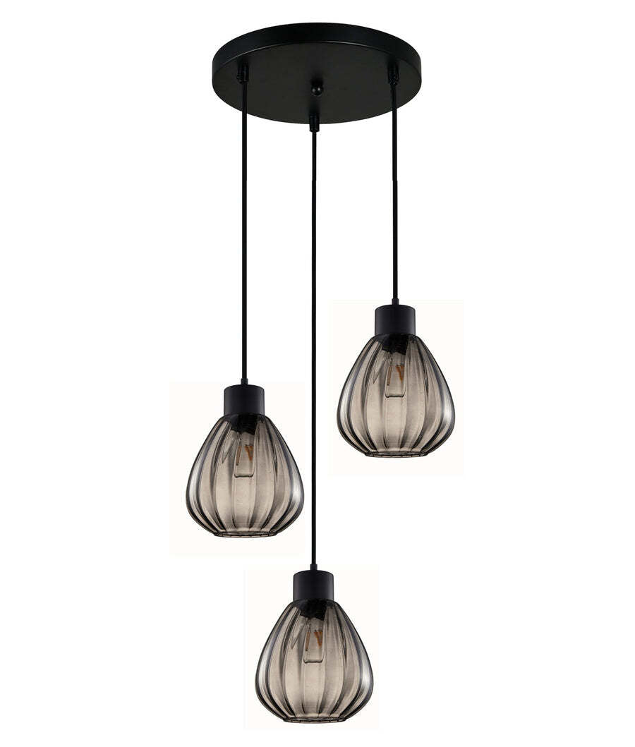 TULIP: Smokey Black Wine Glass Ribbed Multiple Round Base Pendant Lights
