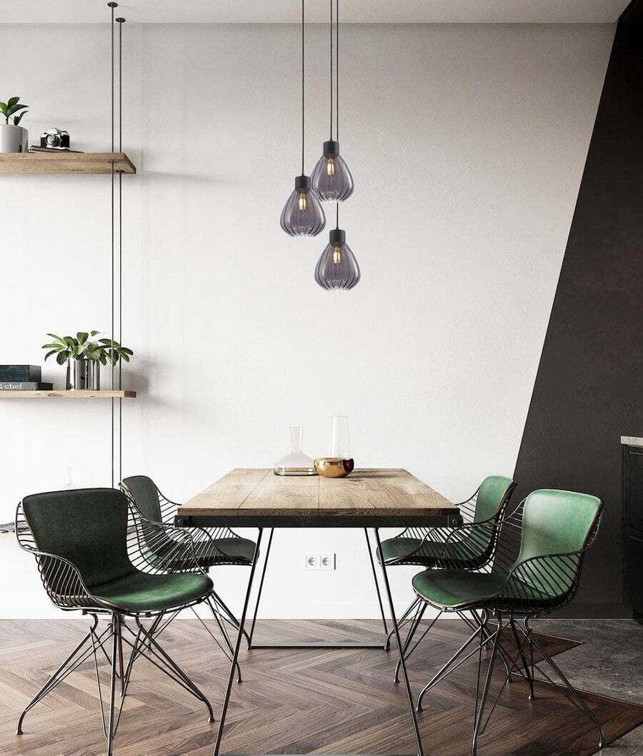 TULIP: Smokey Black Wine Glass Ribbed Multiple Round Base Pendant Lights