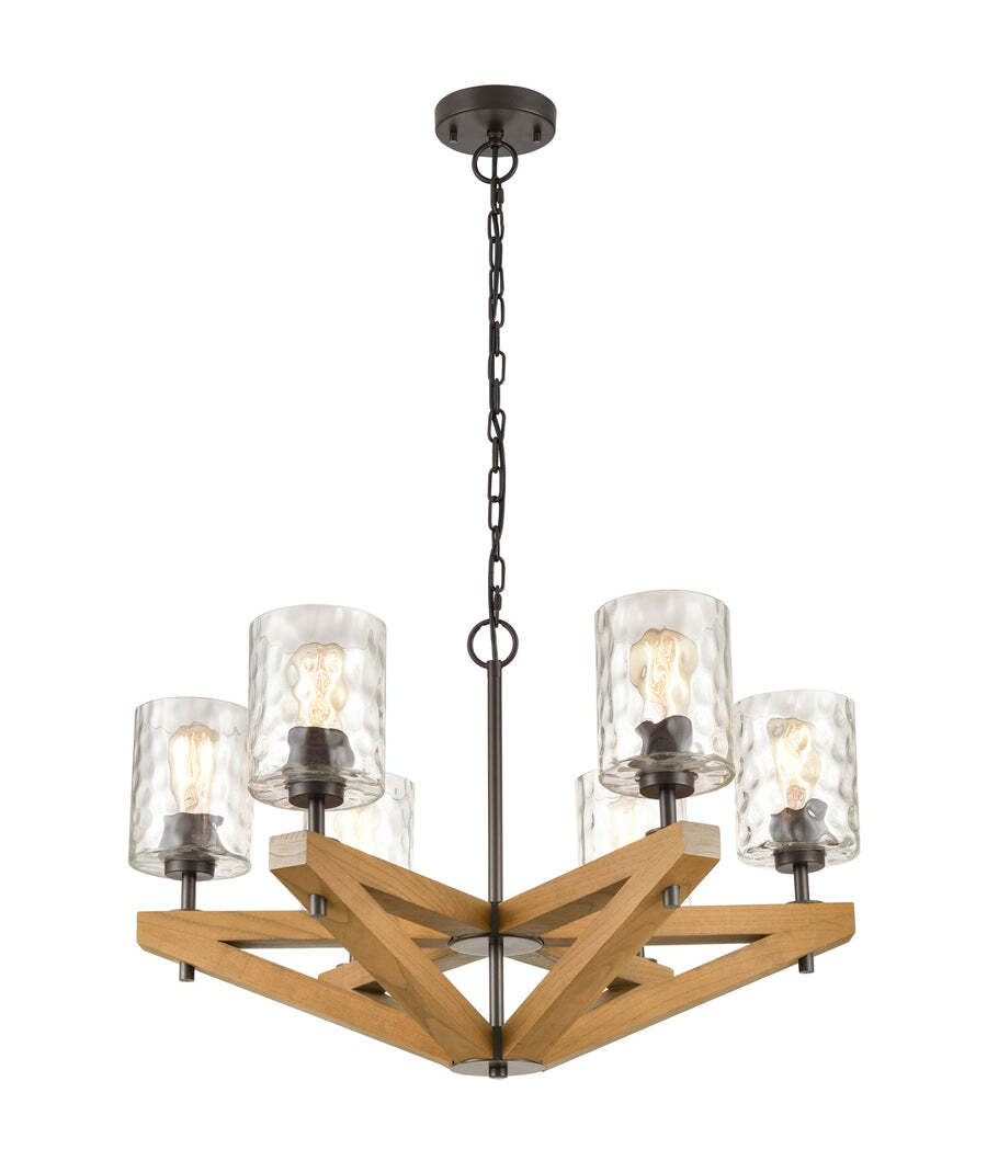 VOTIF: Retro Candelabra Oak Wood with Clear Blown Dimpled Glass Pendant Light