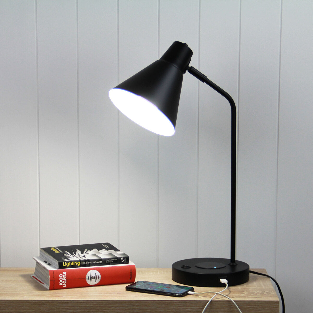Oriel Lighting TARGA Black Desk Lamp with USB and wireless charging