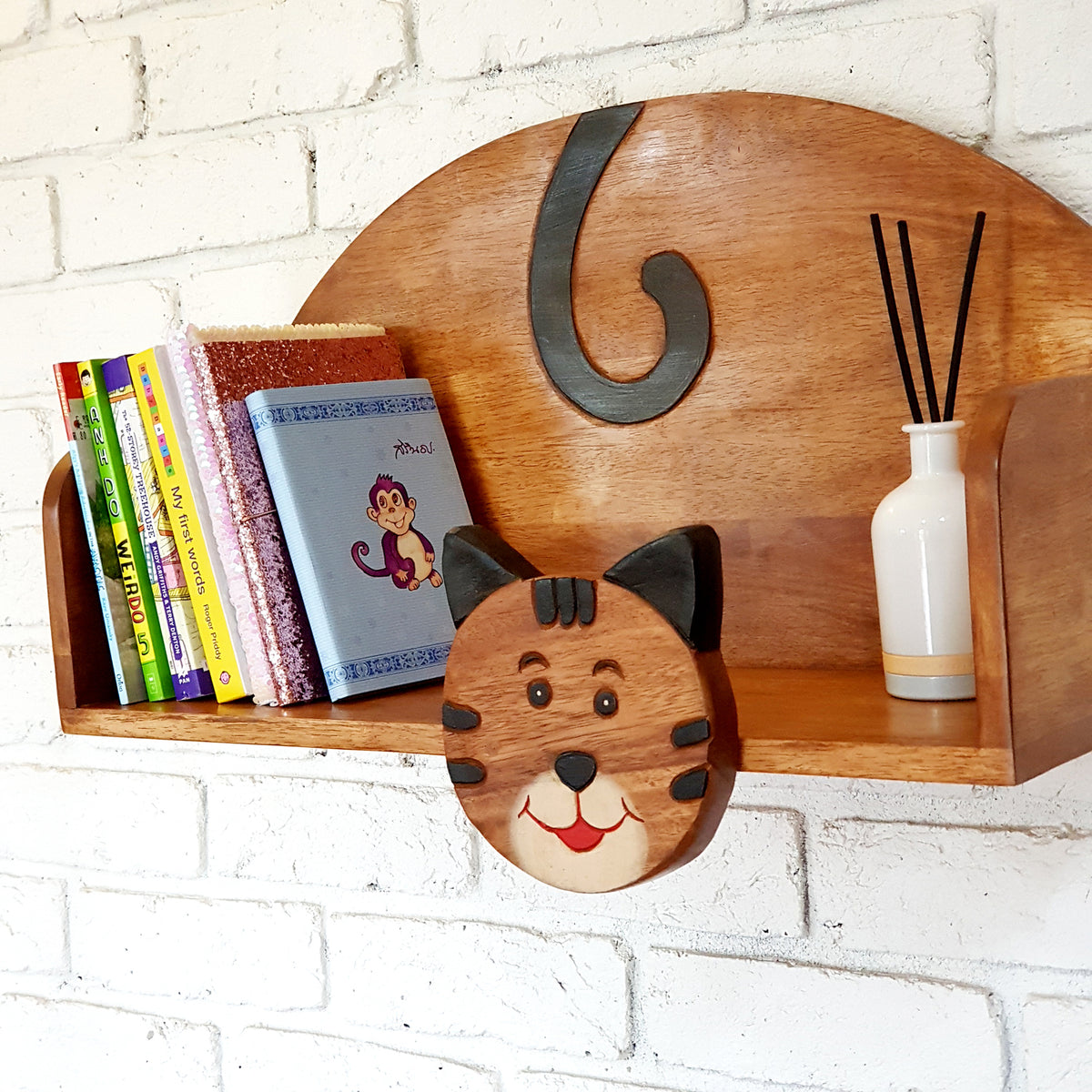 Wooden Wall Mounted Book Shelf Cat