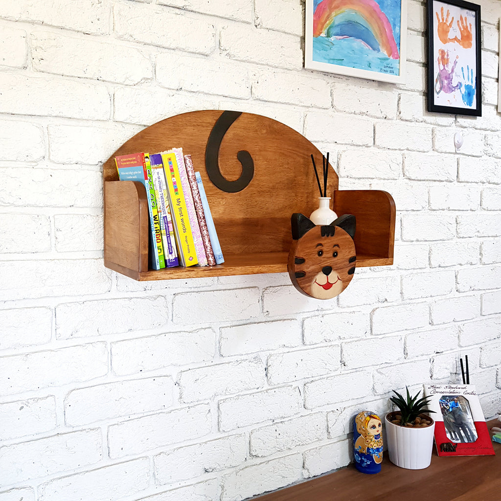 Wooden Wall Mounted Book Shelf Cat