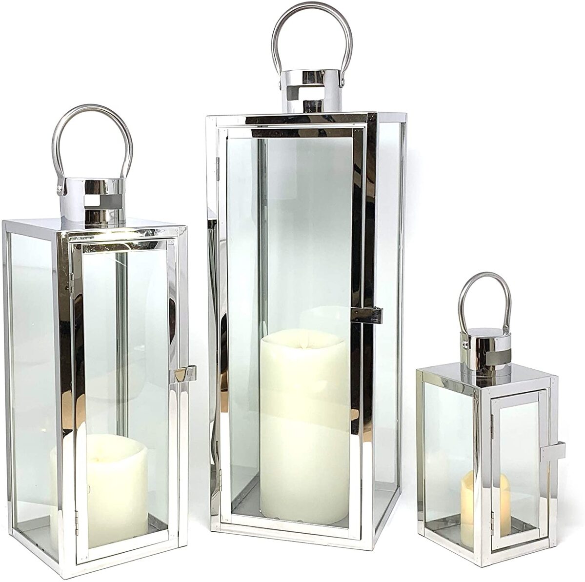 Floor Lantern Set of 3 Candle Holder Stainless Steel SQ