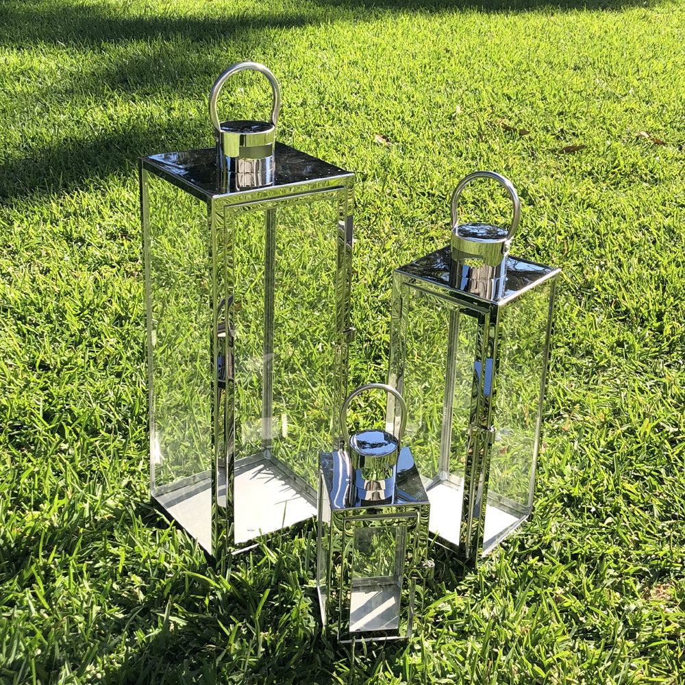 Floor Lantern Set of 3 Candle Holder Stainless Steel SQ