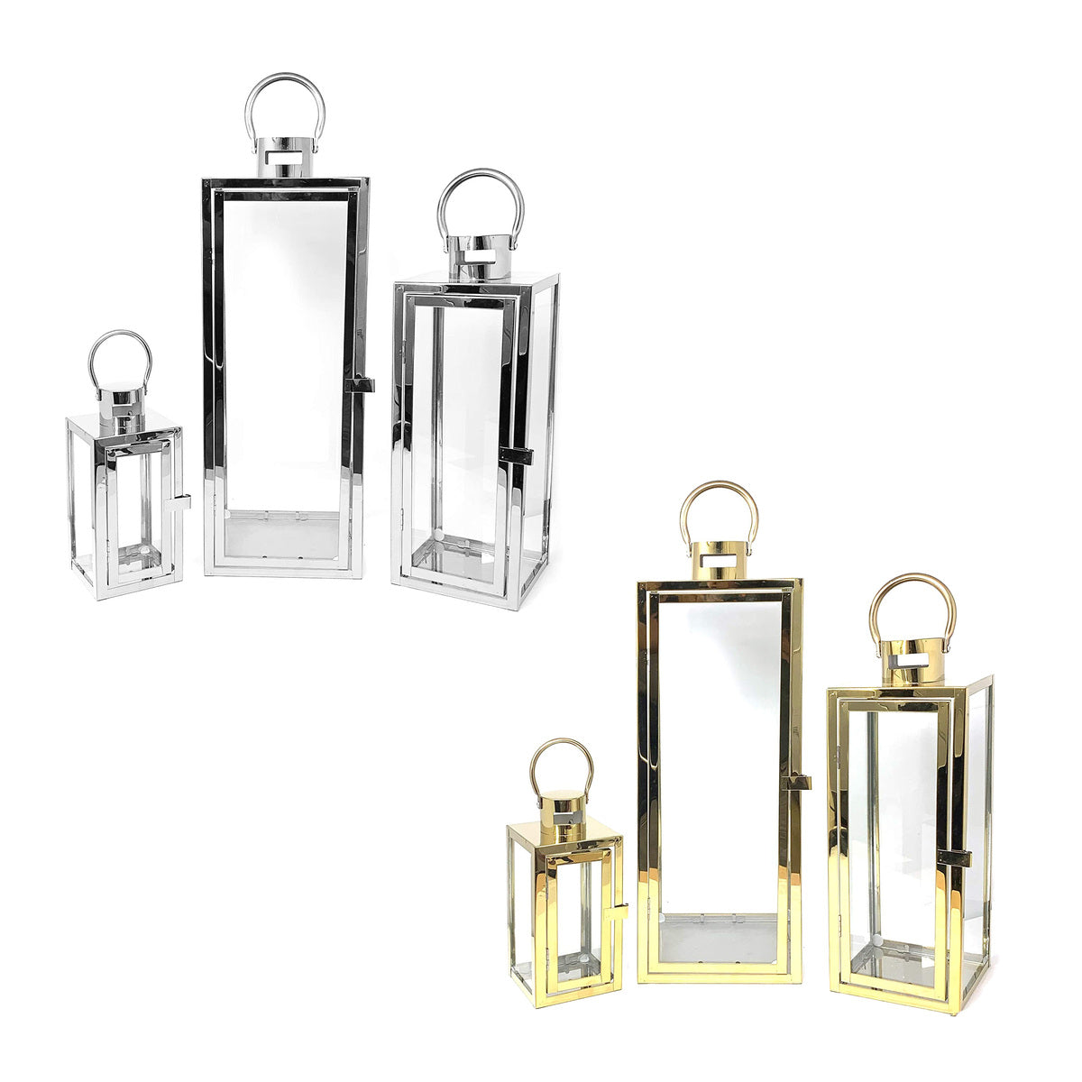 Floor Lantern Set of 3 Candle Holder Stainless Steel SQ