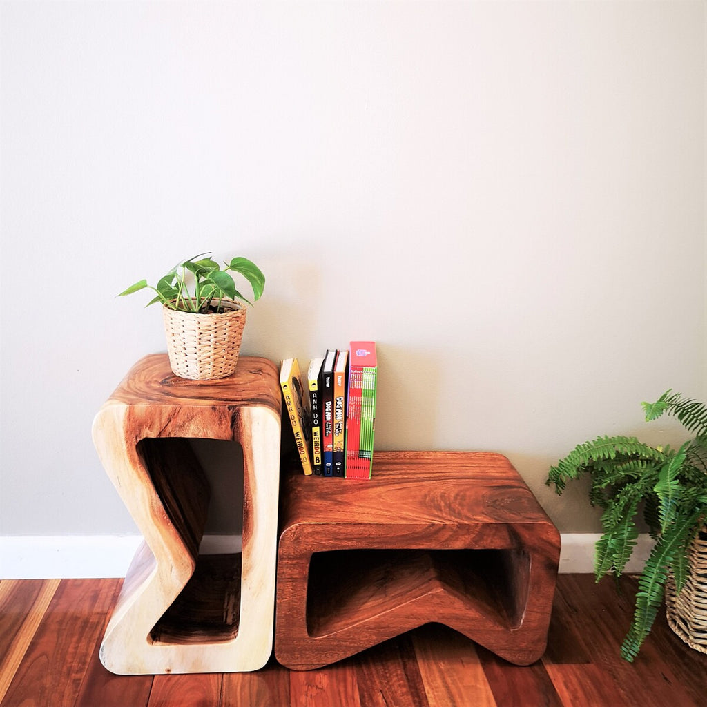 B Shape Raintree Wood Side/Corner Table/Planet Stand/Bar Stool (Clear Finish)