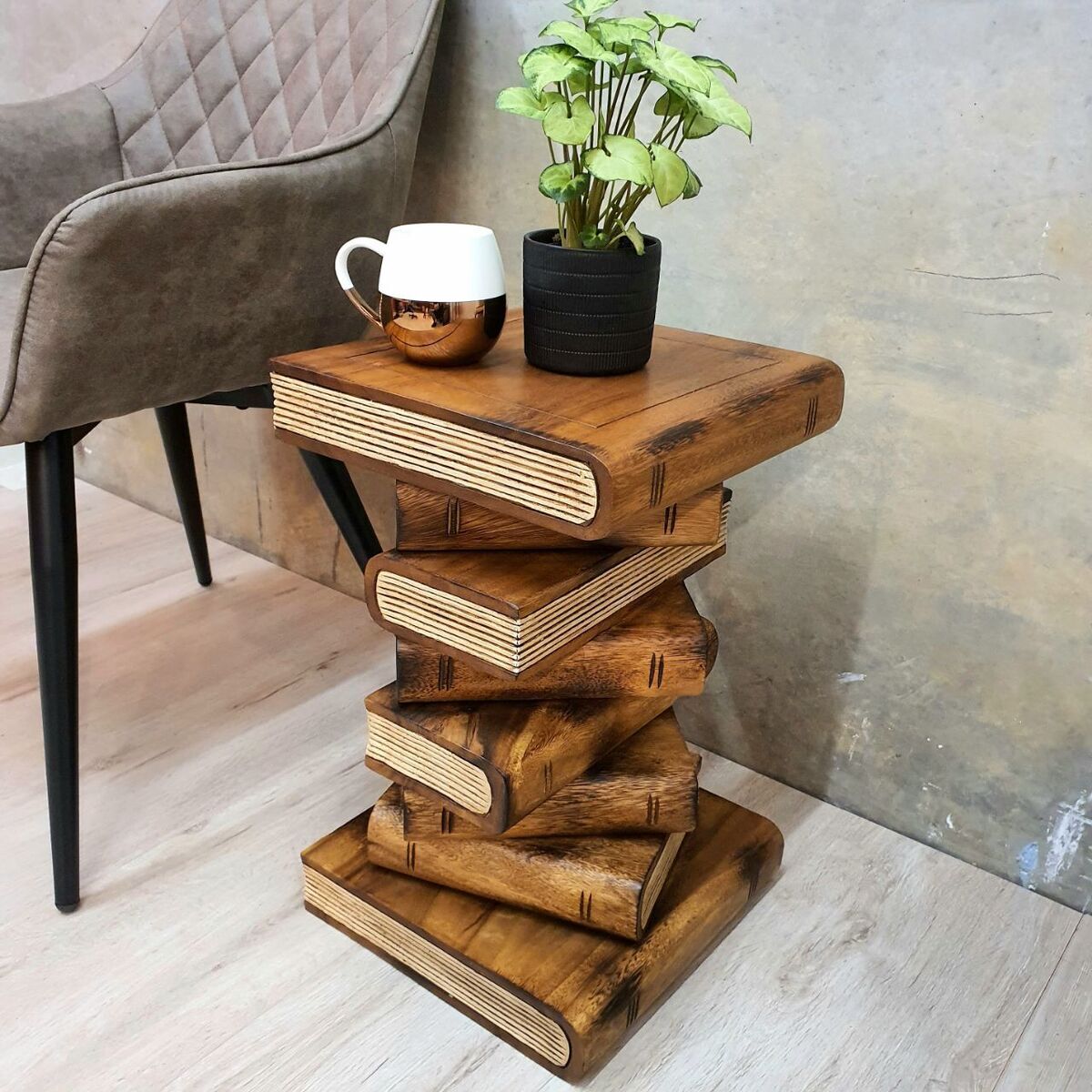 "Book Stack" Bedside Table/Corner End Table/ Raintree Wood Natural Finish