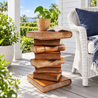 Book Stack Raintree wood side table on a covered Hampton-style backyard deck