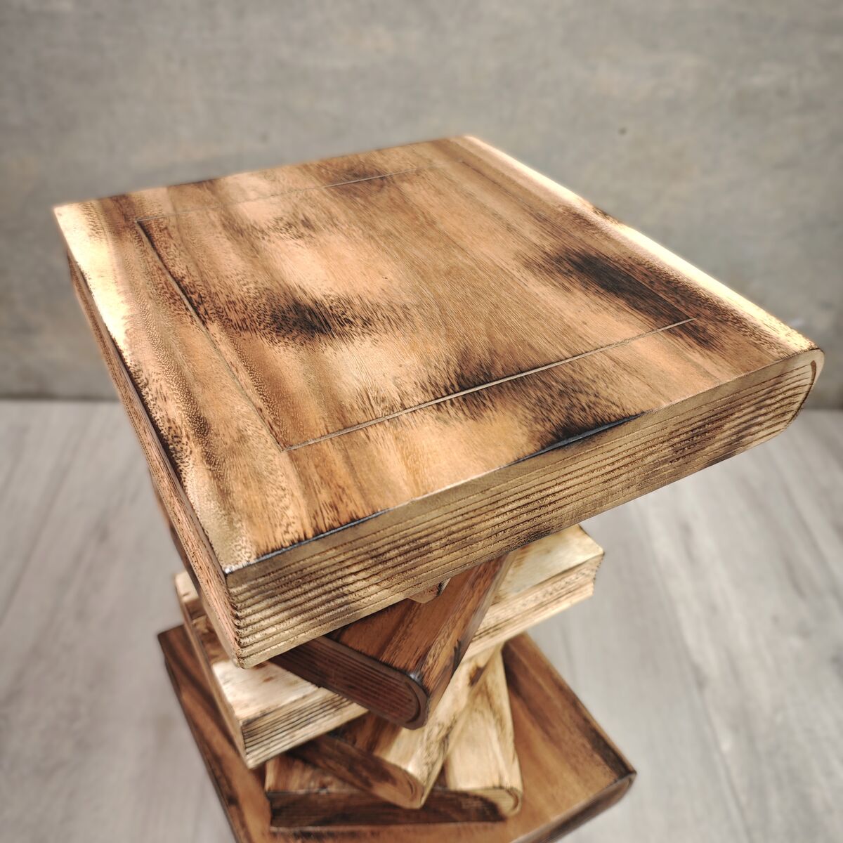 "Book Stack" Bedside Table/Corner End Table/Raintree Wood Clear Finish