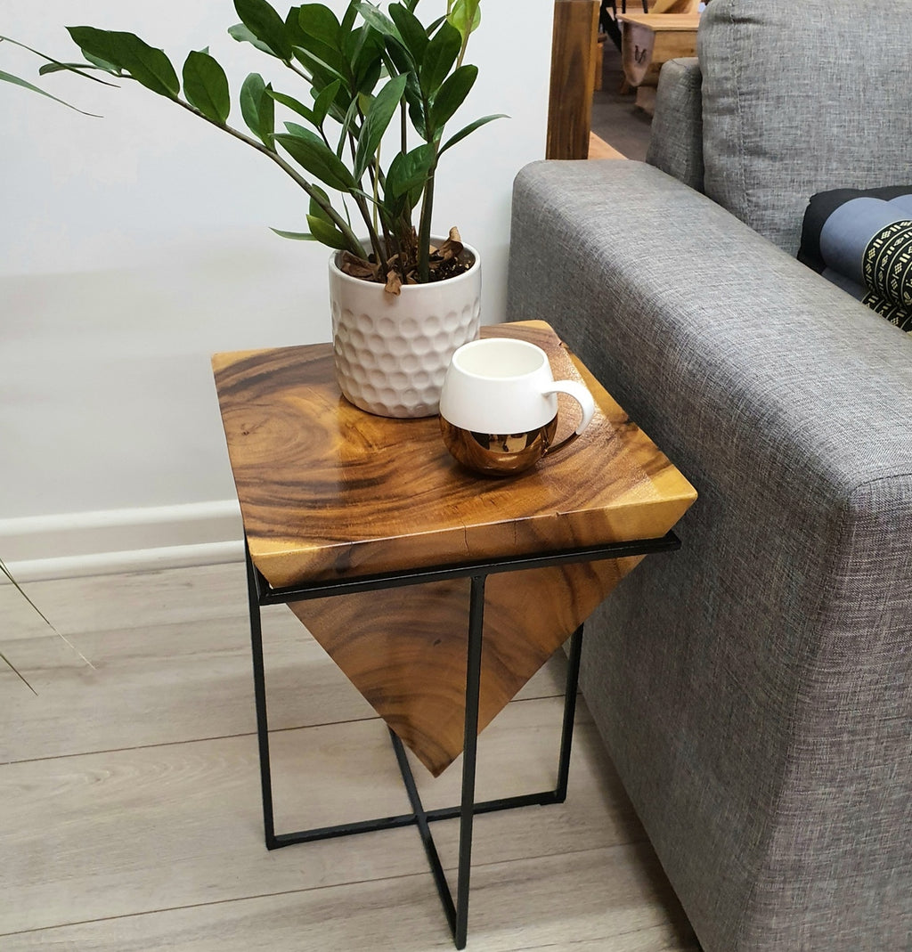 "Pyramid" Side Table/Corner Stool/Plant Stand Raintree Wood Natural Finish