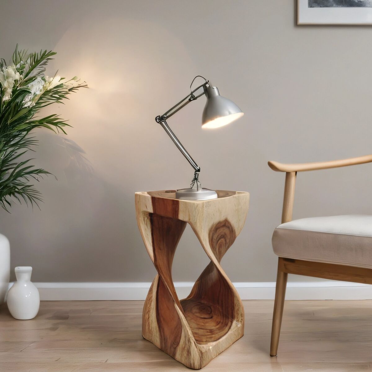 "The Twist" Raintree Wood Side Table/Corner Table/Planet Stand Clear Finish