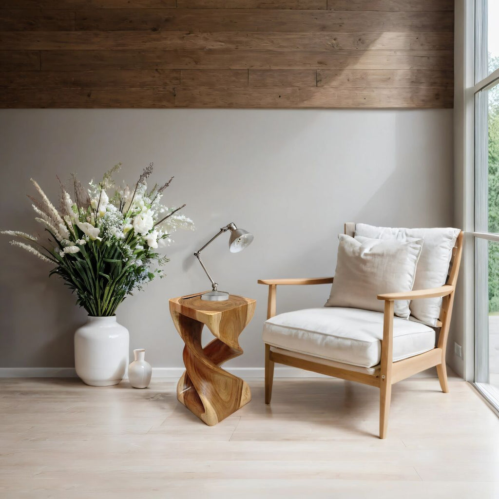 "The Twist" Raintree Wood Side Table/Corner Table/Planet Stand Clear Finish
