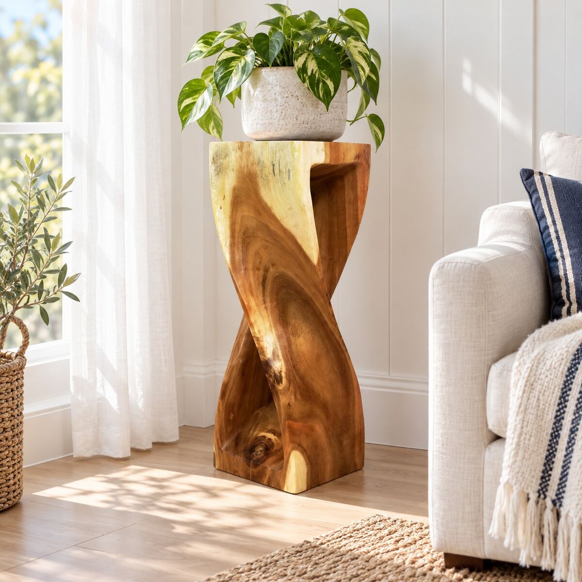 Twisted Stool 76cm Raintree Wood Side Table/Corner Table/Bar stool Clear Finish