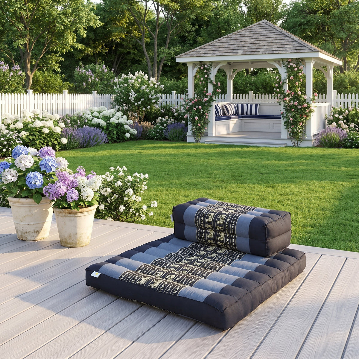Blue elephant Thai kapok Zafu and Zabuton meditation cushion set on a Hamptons garden deck