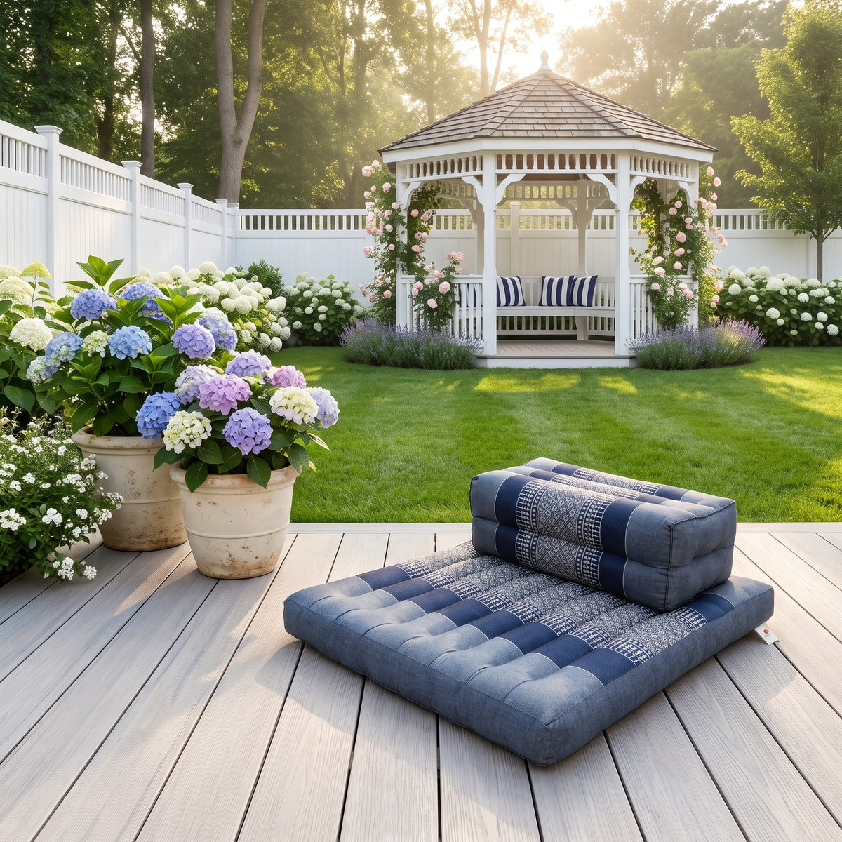 Grey-blue Thai kapok Zafu and Zabuton meditation cushion set on a Hamptons garden deck
